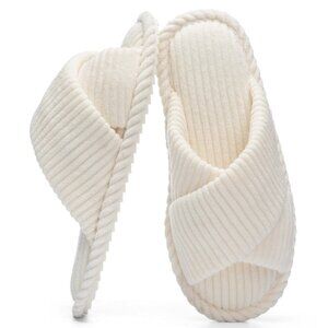 Memory Foam Corduroy Slippers Open Toe Slides Comfy Anti-Skid Sole